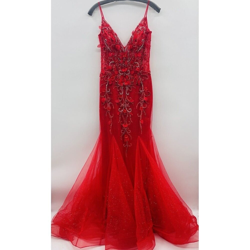 Jovani Womens Size 2 Style 05839‎ Plunging Neck Mermaid Prom Dress in Red $598